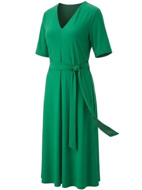 MSK Emerald Green V-Neck Midi Dress with Tie Belt
